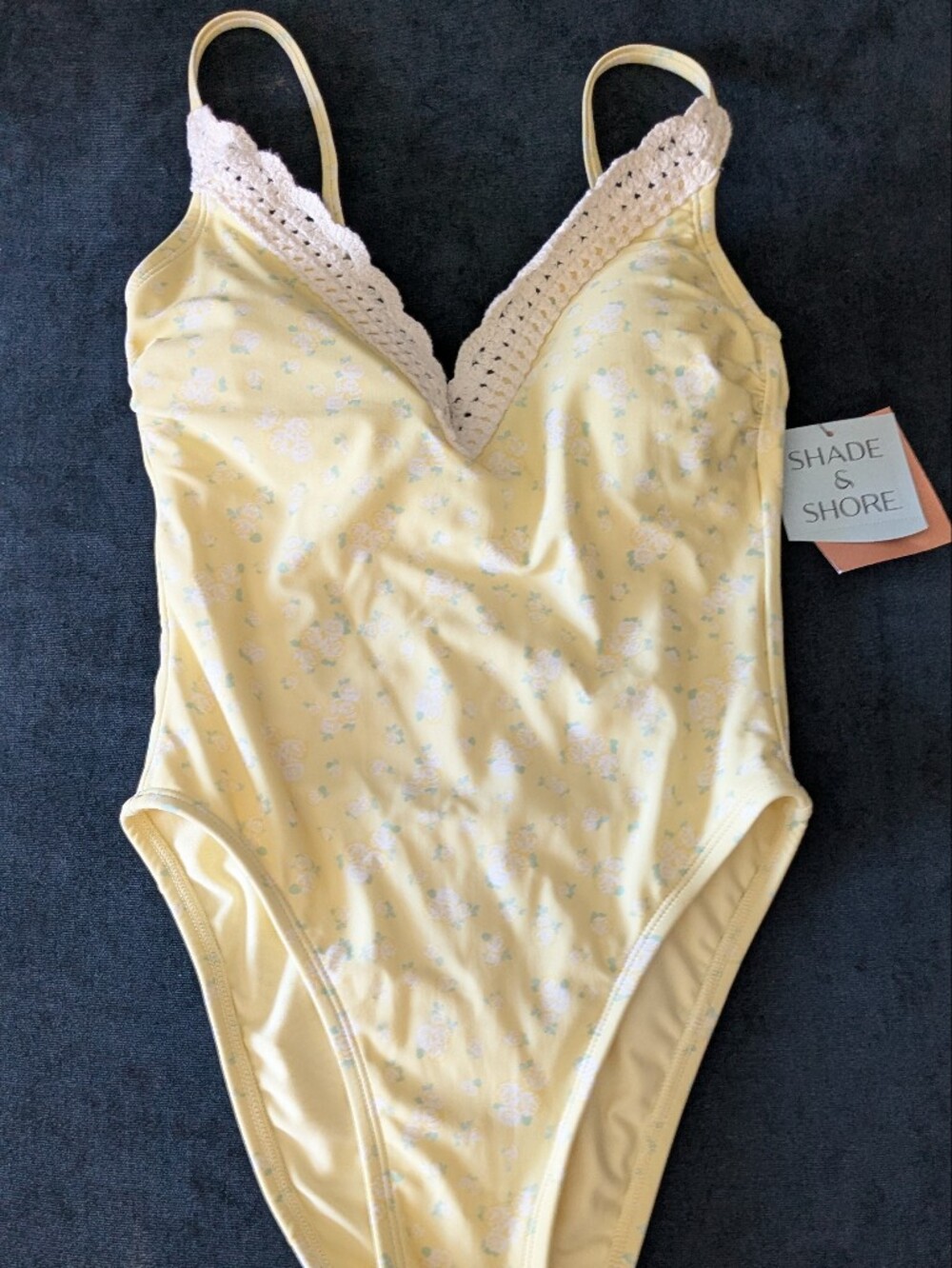 NWT! Shade & Shore Yellow Floral Lace Trim One-Piece High Leg Cheeky Swimsuit